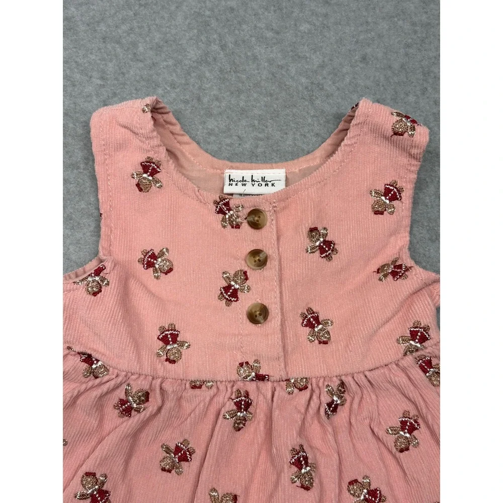 NICOLE MILLER Pink Corduroy‎ Teddy Bear Embroidered Baby Girl Dress 6 9 Months